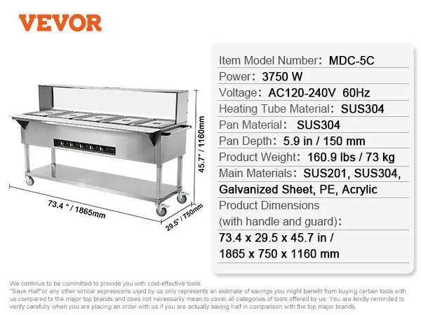 Calentador de alimentos comercial VEVOR, modelo mdc-5c, acero inoxidable, 73,4 x 29,5 x 45,7 pulgadas, 3750 w.