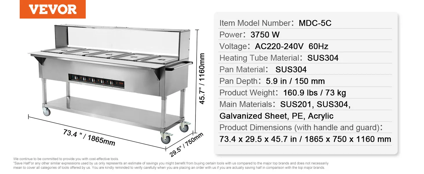 Calentador de alimentos comercial VEVOR, modelo mdc-5c, acero inoxidable, 73,4 x 29,5 x 45,7 pulgadas, 3750 w.