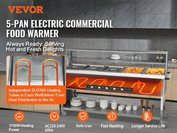 Calentador de alimentos comercial VEVOR con cinco bandejas, ideal para servir comida caliente y fresca en cocinas y cafeterías.
