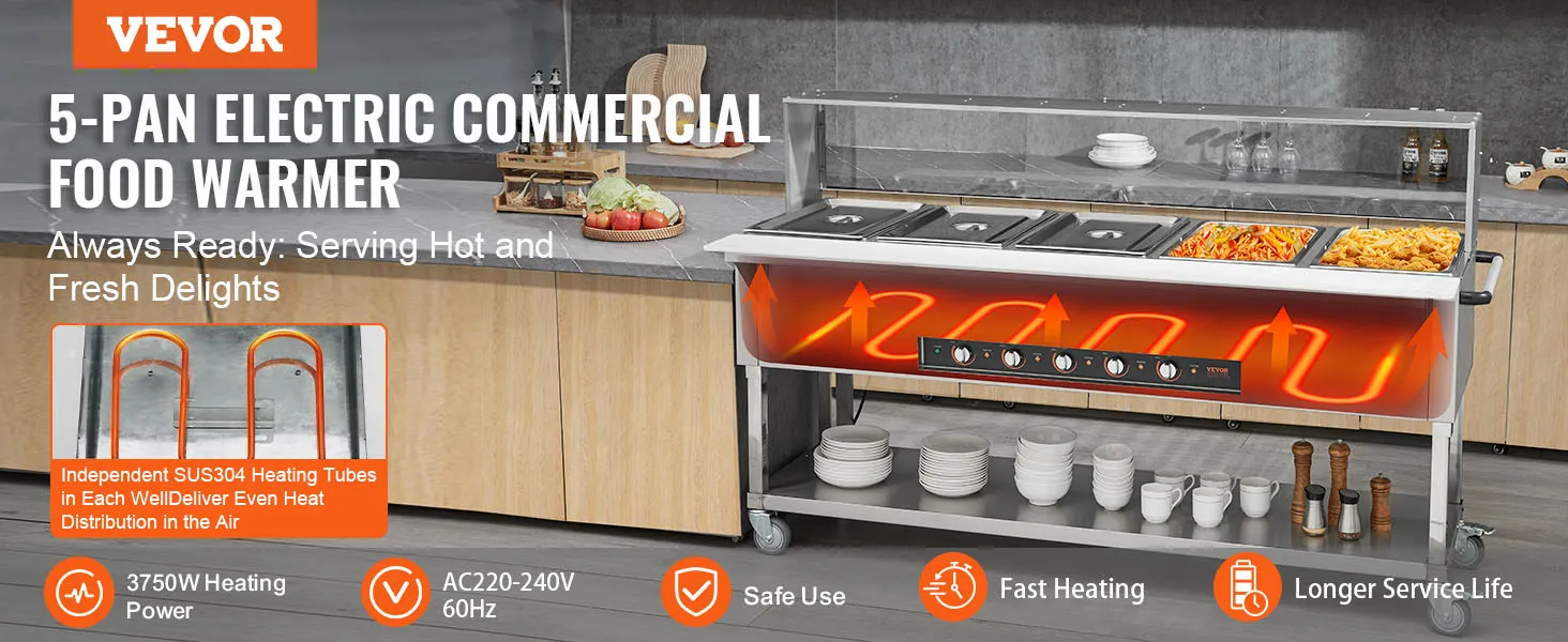 Calentador de alimentos comercial VEVOR con cinco bandejas, ideal para servir comida caliente y fresca en cocinas y cafeterías.