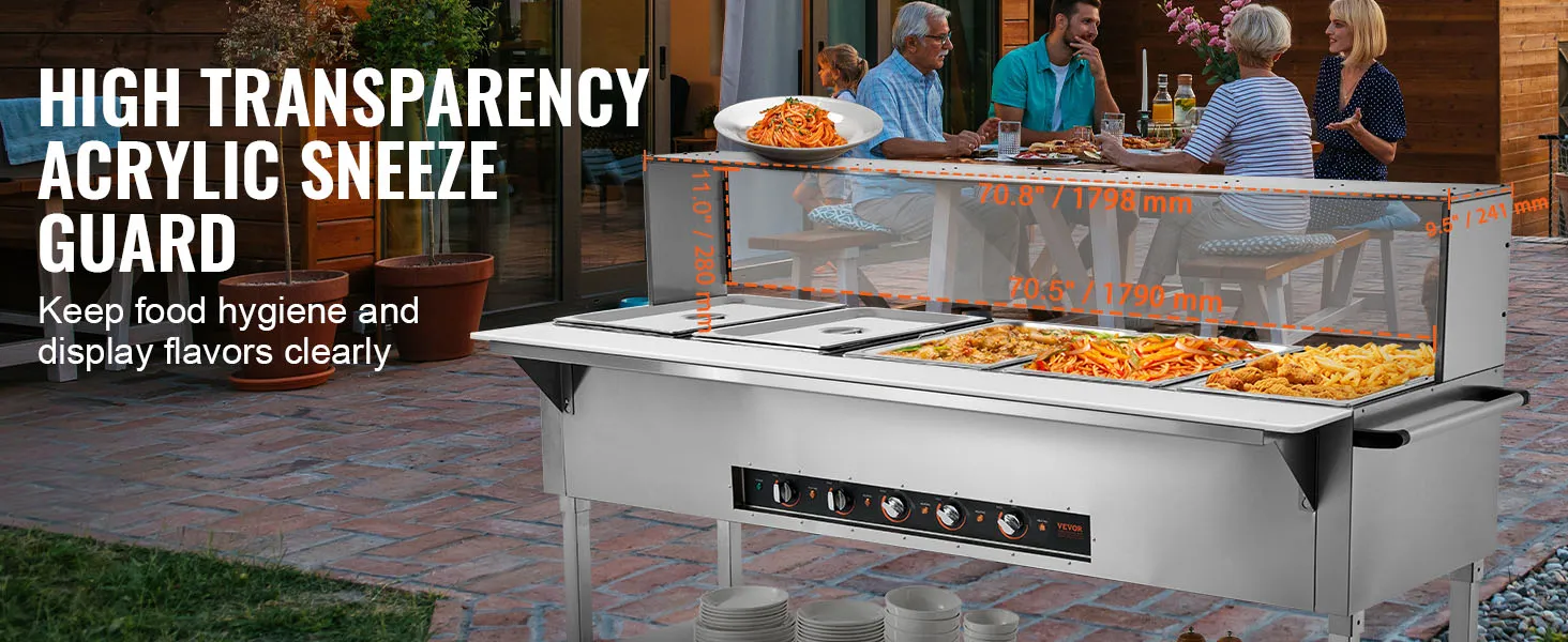 Calentador de alimentos comercial VEVOR con protector contra estornudos de acrílico que muestra varios platos calientes al aire libre.