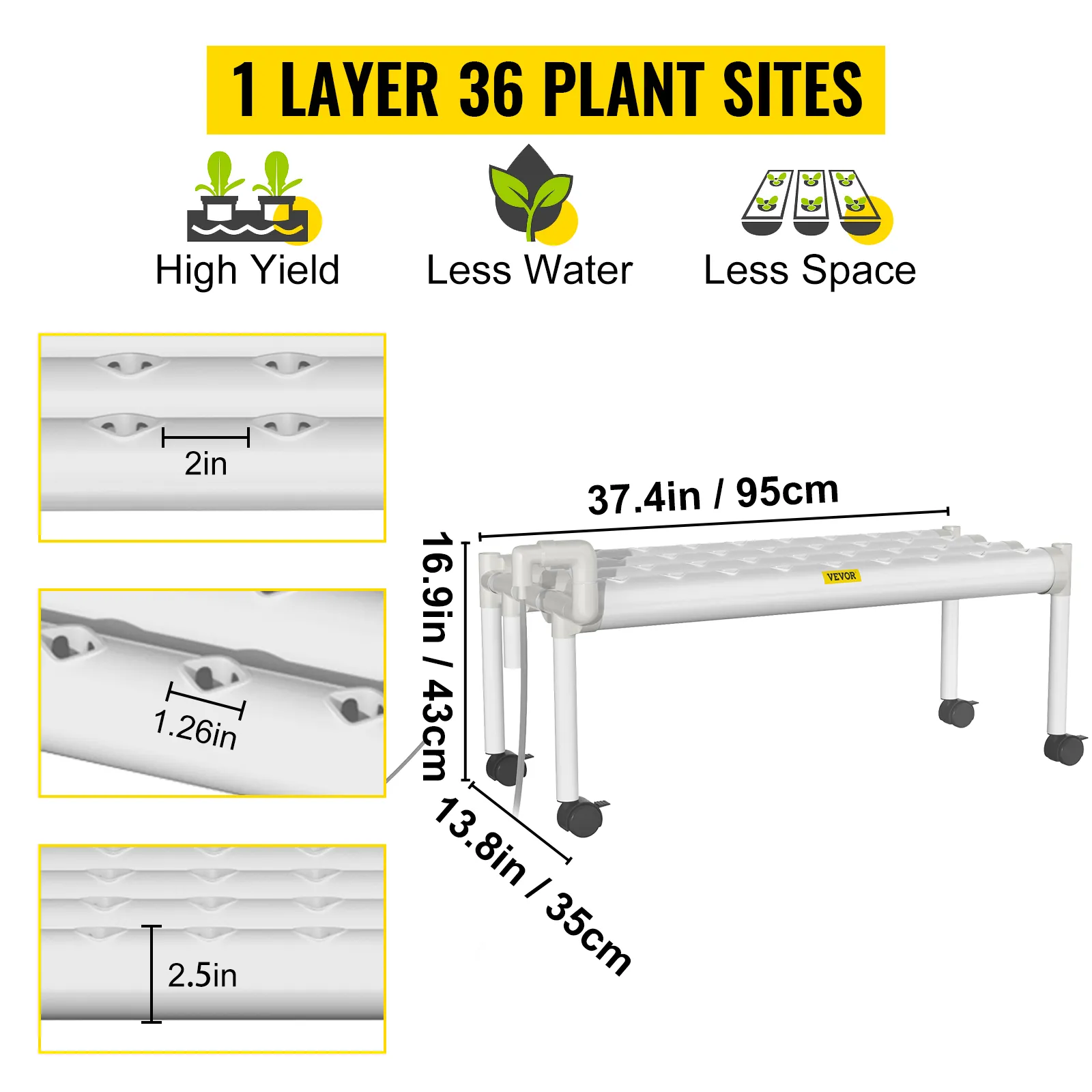 Sistema hidropónico VEVOR para 36 plantas, alto rendimiento, menos agua y diseño que ahorra espacio.