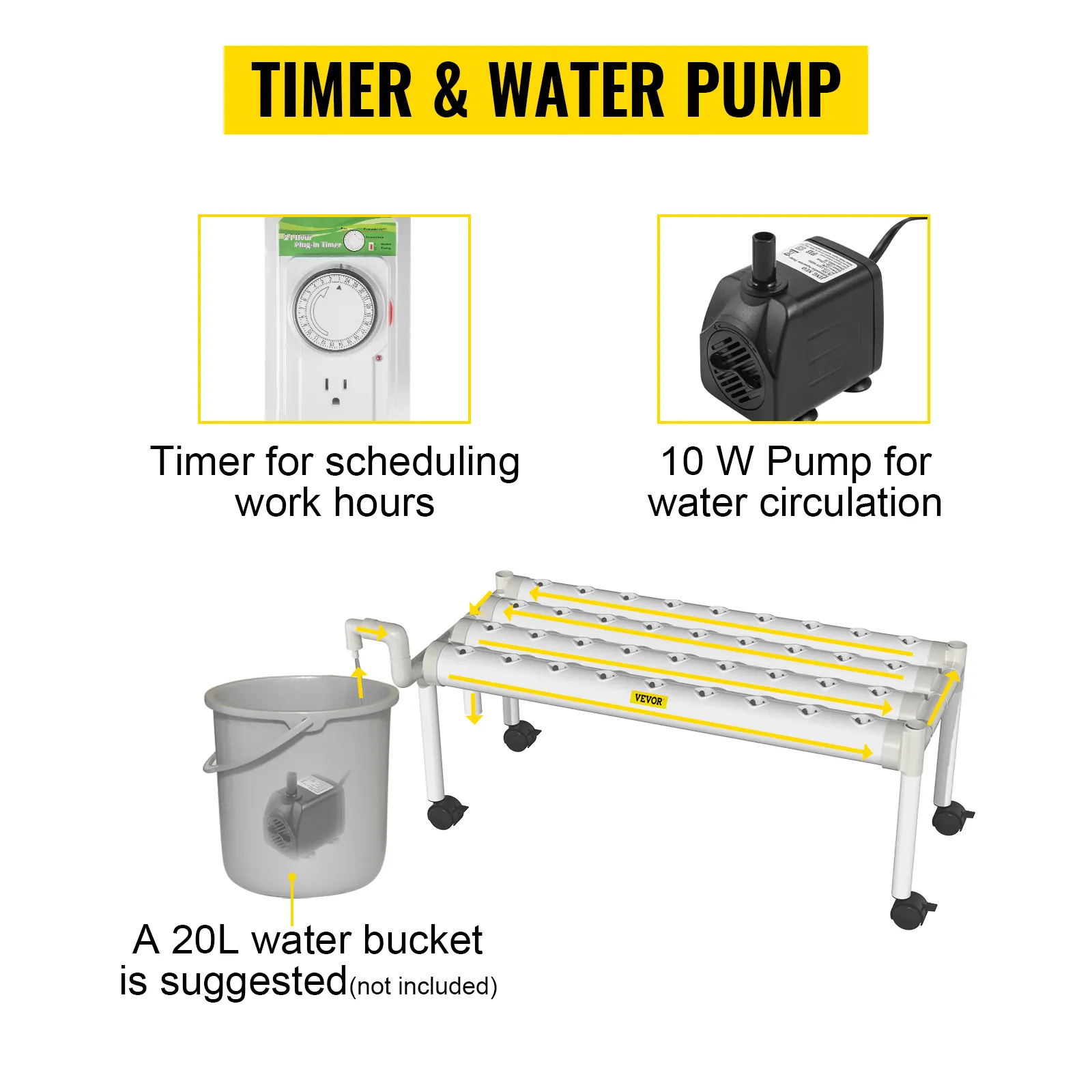Sistema hidropónico VEVOR con temporizador, bomba de 10 W y balde de agua sugerido de 20 l para un crecimiento eficiente de las plantas.
