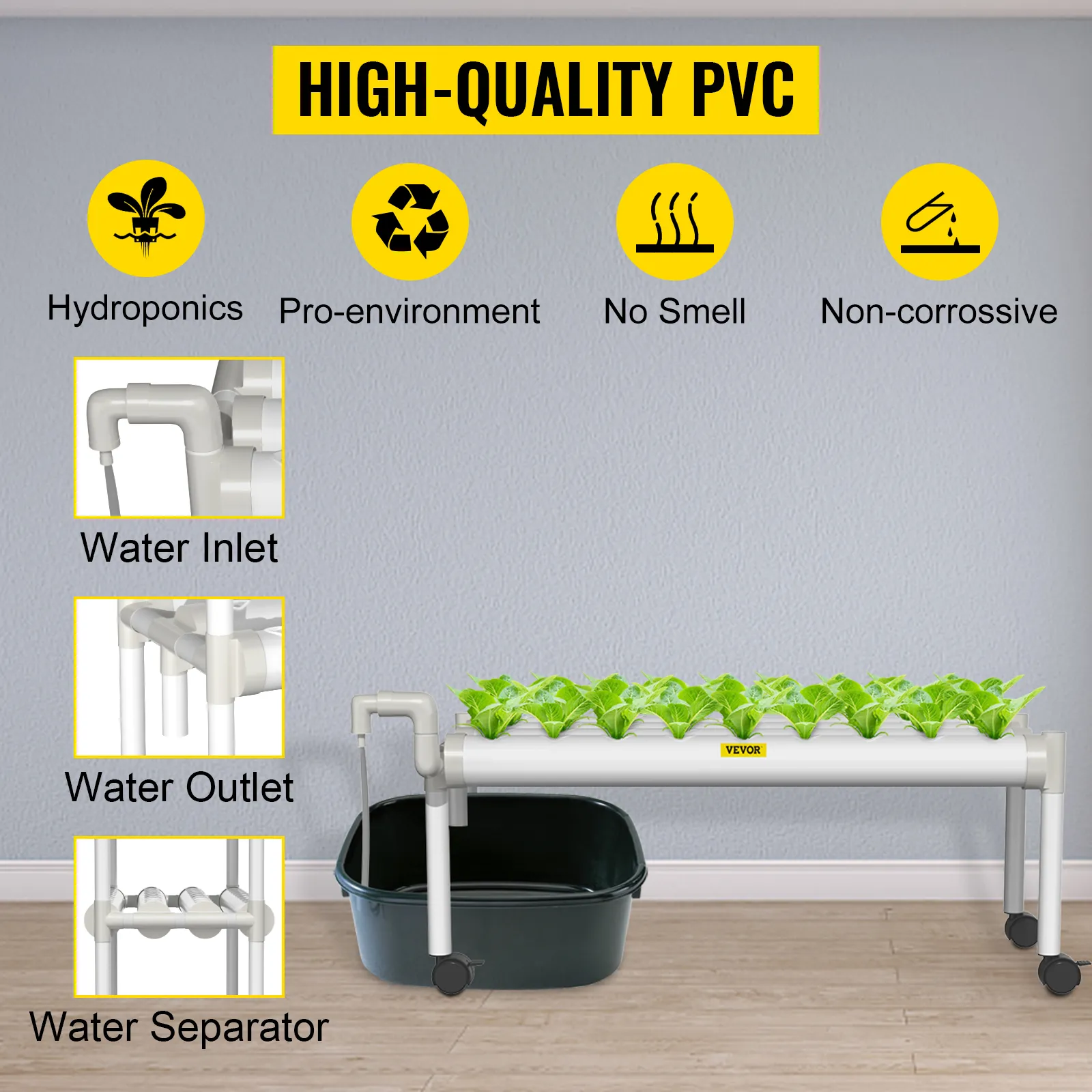 Sistema hidropónico VEVOR con entrada de agua, salida, separador, pvc de alta calidad, pro-medio ambiente, no corrosivo.