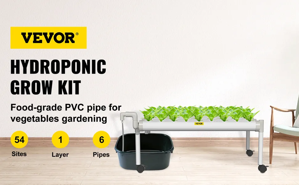 Sistema de cultivo hidropónico VEVOR, 54 sitios, 1 capa, 6 tuberías, PVC apto para uso alimentario para huerto.