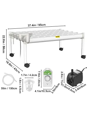 Sistema de cultivo hidropónico VEVOR con temporizador, tubos y bomba sumergible, dimensiones detalladas incluidas.