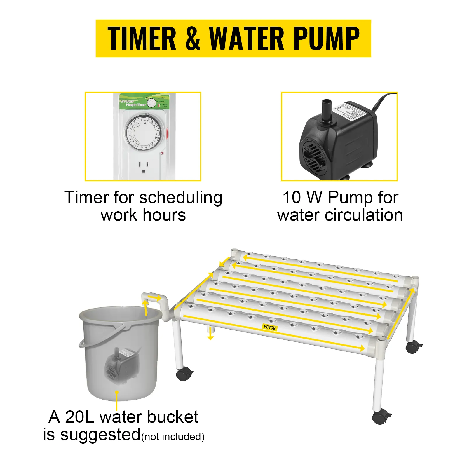 Temporizador y bomba de 10w para el sistema de cultivo hidropónico VEVOR con sugerencia de cubo de agua de 20l (no incluido).