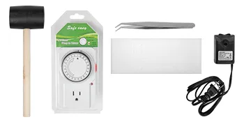 Componentes del sistema hidropónico VEVOR: temporizador, mazo de goma, pinzas de metal, placa de espuma, bomba.