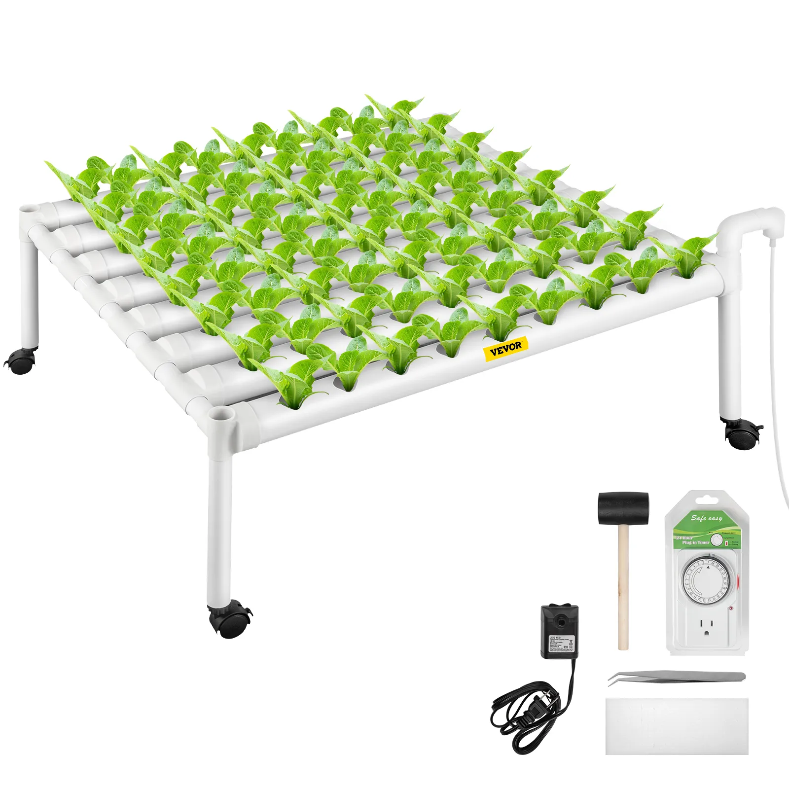 Sistema hidropónico VEVOR con cultivo de plantas, tuberías de riego, bomba, temporizador y otros accesorios.