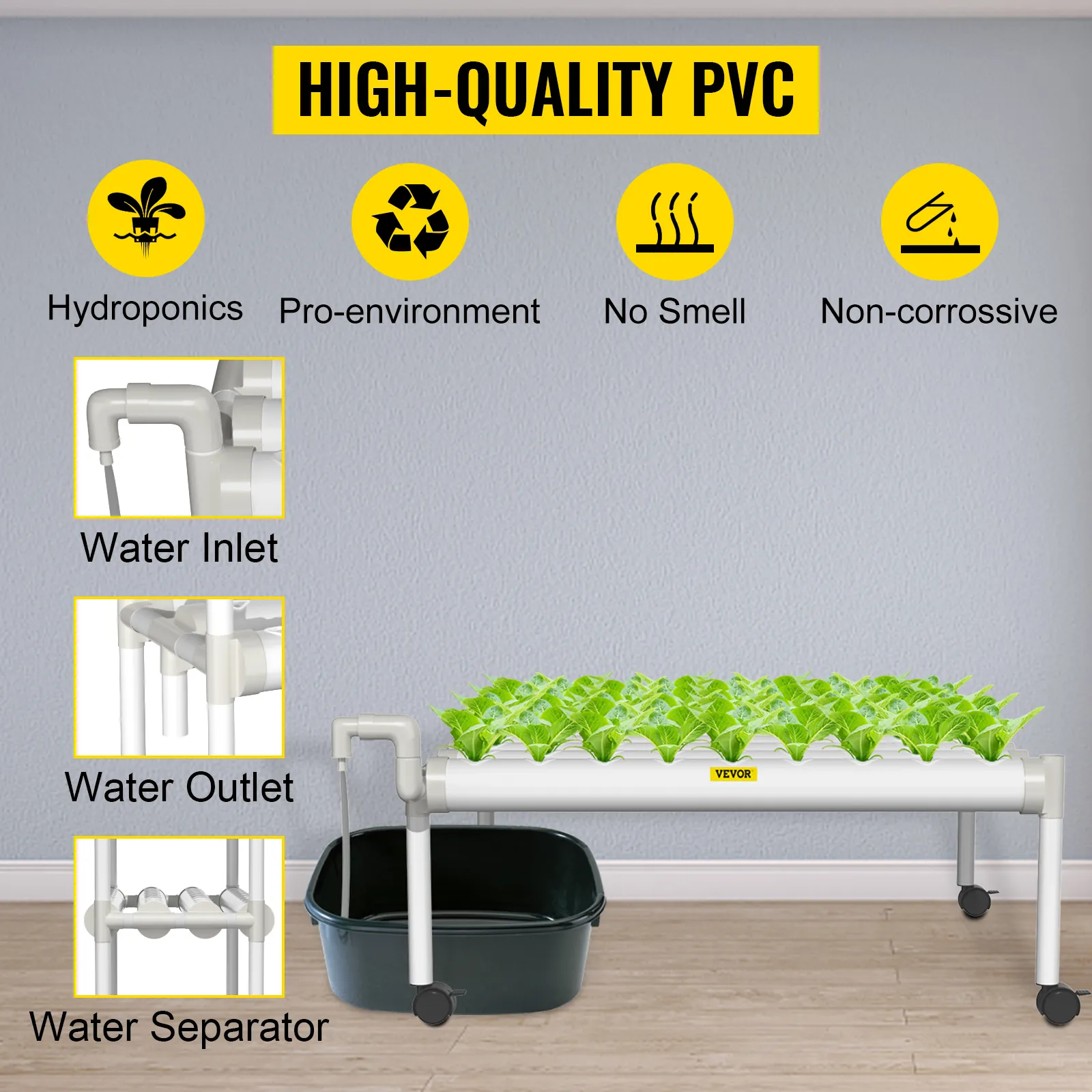 Sistema hidropónico VEVOR con pvc de alta calidad, entrada/salida de agua y separador de agua.