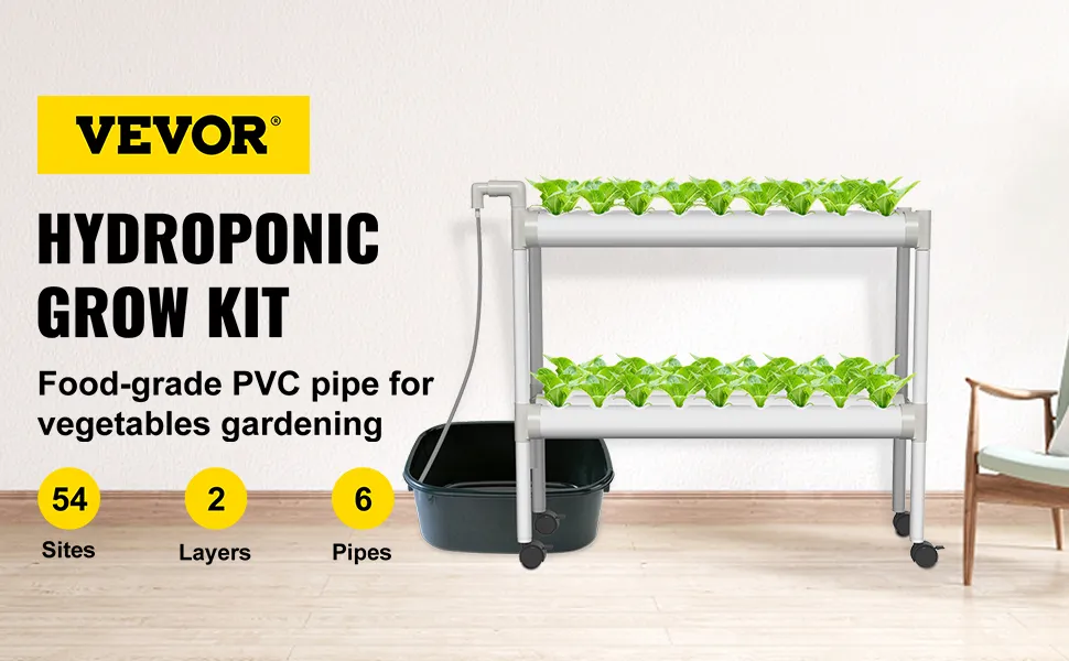 Kit de cultivo del sistema hidropónico VEVOR con tuberías de PVC de grado alimenticio, plantas y una bandeja de agua en una sala de estar.