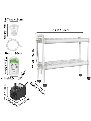 Sistema hidropónico VEVOR con estructura de doble piso, bomba, temporizador y dimensiones detalladas.