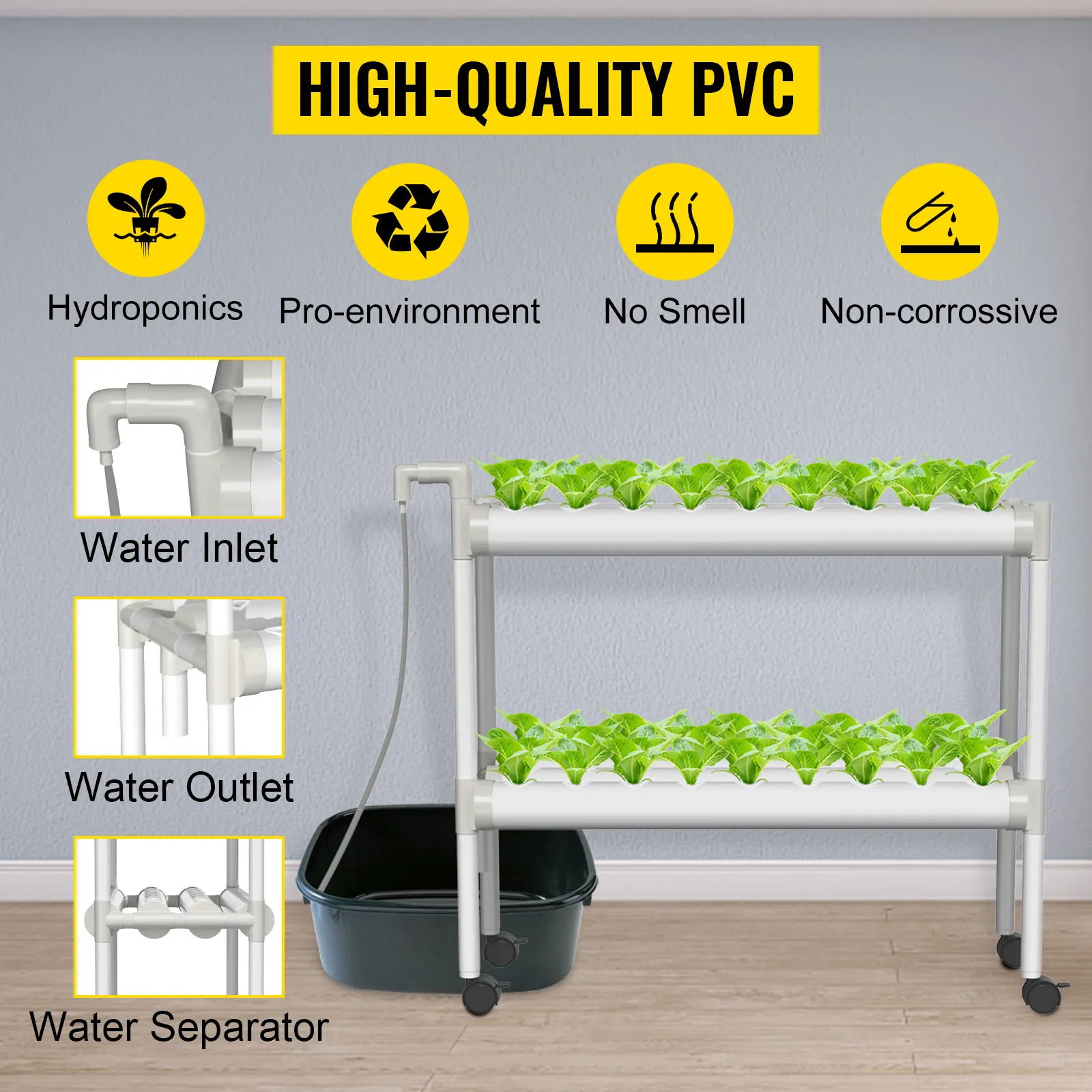 Sistema hidropónico VEVOR con pvc de alta calidad, entrada de agua, salida, separador, características pro-ambientales.