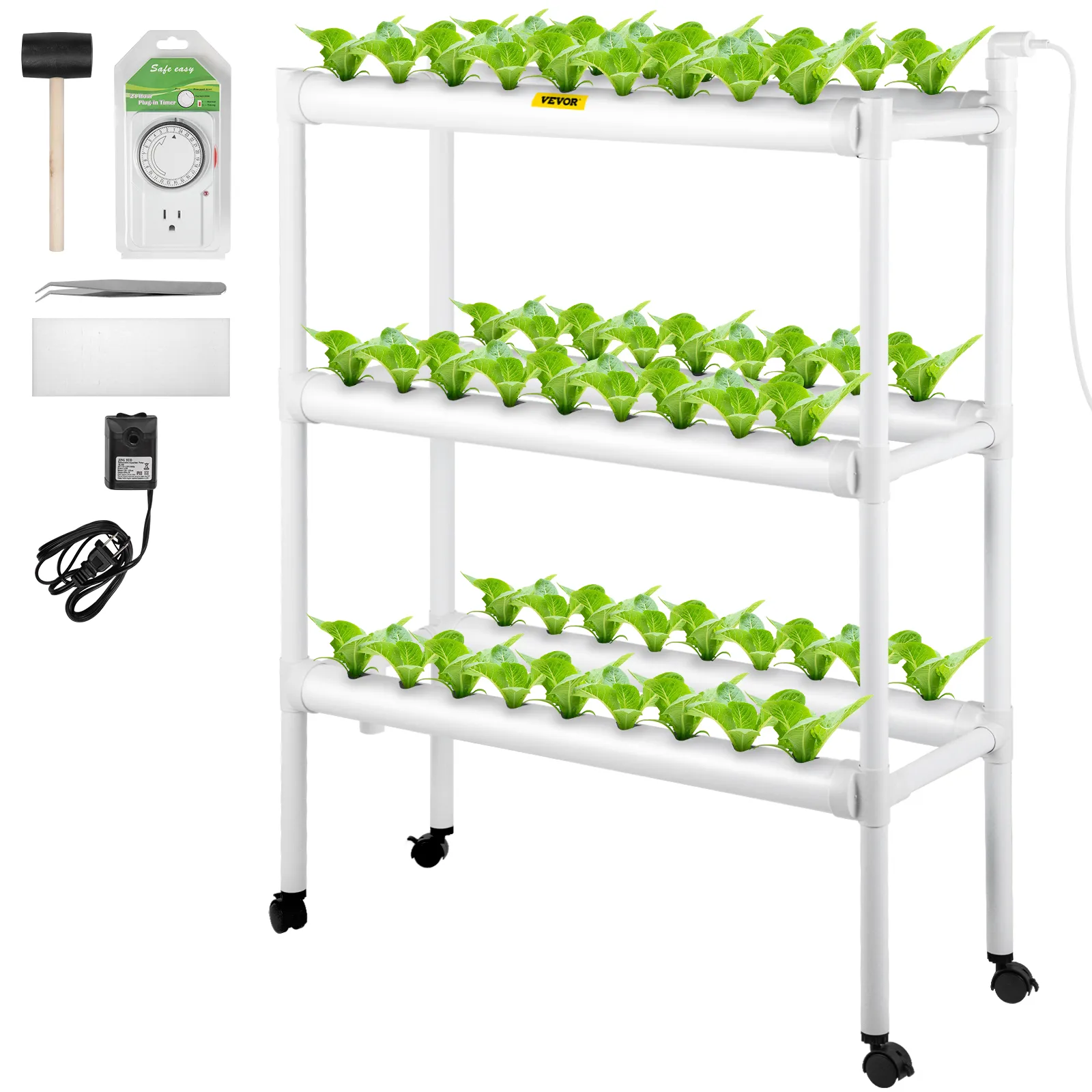 Sistema de cultivo hidropónico VEVOR con estante para plantas de 3 niveles, accesorios y plantas verdes vibrantes.