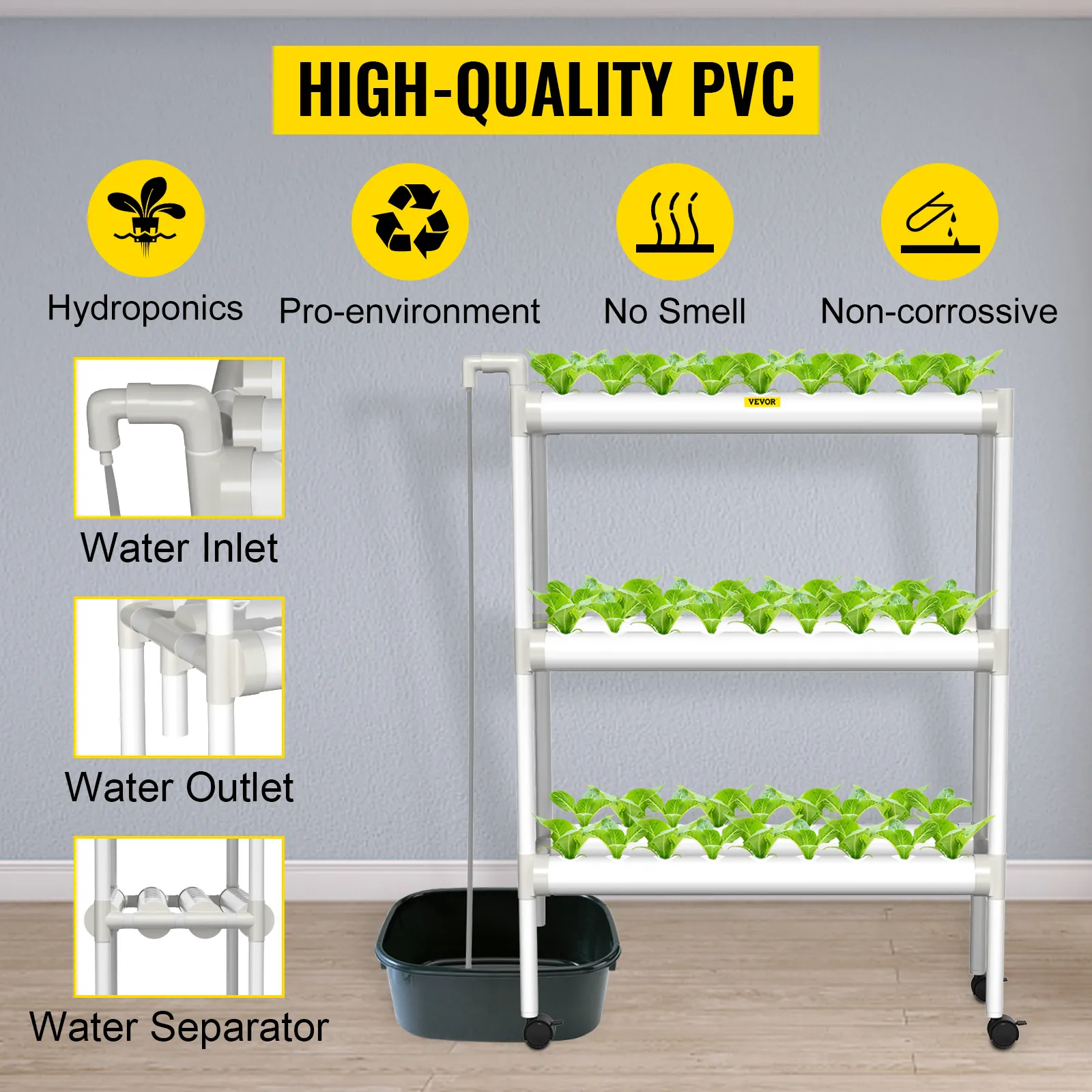 Sistema de cultivo hidropónico VEVOR con pvc de alta calidad, detalles de entrada, salida y separador de agua.