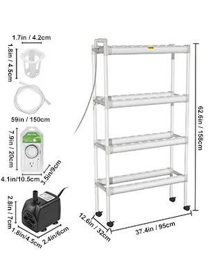 Sistema de cultivo hidropónico VEVOR con estante de 4 niveles, bomba, temporizador y tubos, dimensiones mostradas.