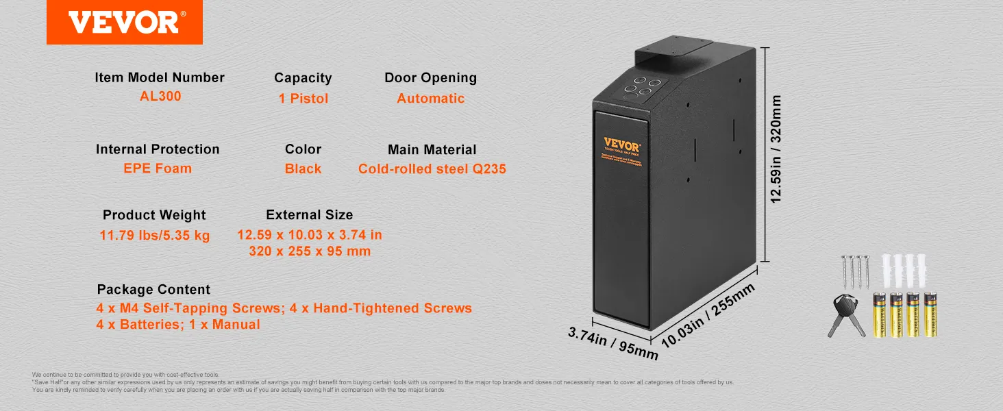 VEVOR mounted biometric gun safe al300, black, fits 1 pistol, automatic door, epe foam padding.