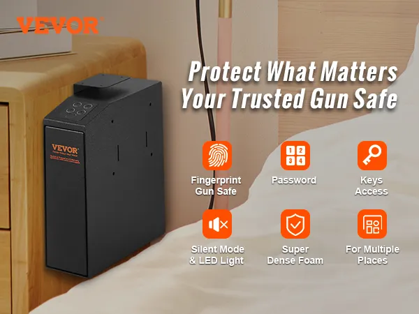 VEVOR mounted biometric gun safe beside a wooden nightstand with various access options displayed.