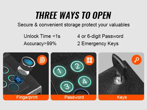 three ways to open the VEVOR mounted biometric gun safe: fingerprint, password, and emergency keys.