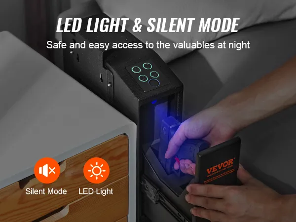 VEVOR mounted biometric gun safe with led lighting and silent mode for nighttime access.