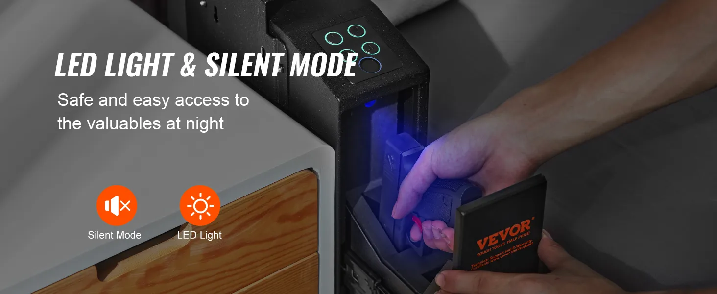 VEVOR mounted biometric gun safe with led lighting and silent mode for nighttime access.