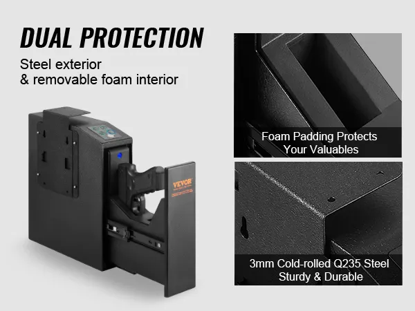 VEVOR mounted biometric gun safe, steel exterior, removable foam interior, secure handgun storage.