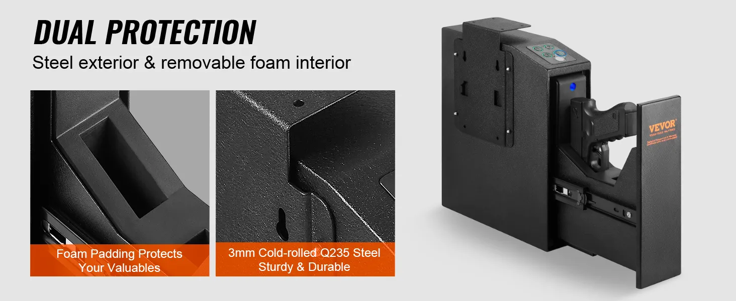 VEVOR mounted biometric gun safe, steel exterior, removable foam interior, secure handgun storage.
