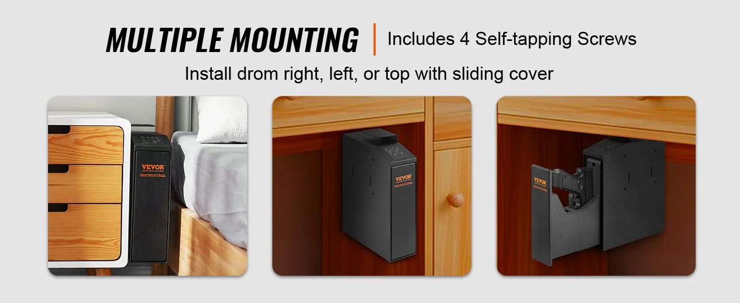 VEVOR mounted biometric gun safe with multiple mounting options and 4 self-tapping screws.