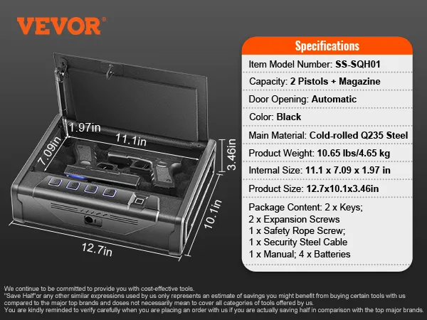 Cassaforte biometrica VEVOR con due pistole, caricatore e accessori, modello ss-sqh01, acciaio nero.