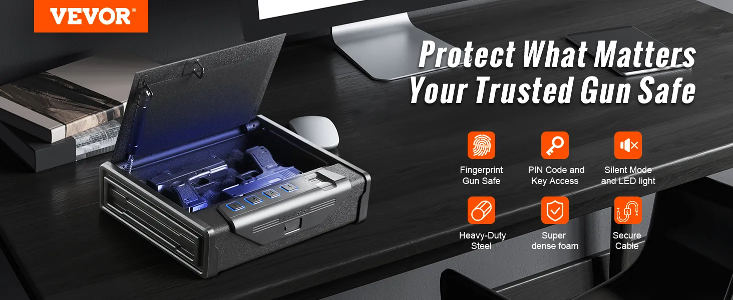 Cassaforte biometrica VEVOR da scrivania, con accesso tramite impronte digitali, acciaio resistente e cavo di sicurezza.