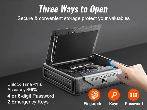 Cassaforte biometrica VEVOR con possibilità di impronta digitale, chiave e password per un accesso rapido e sicuro.