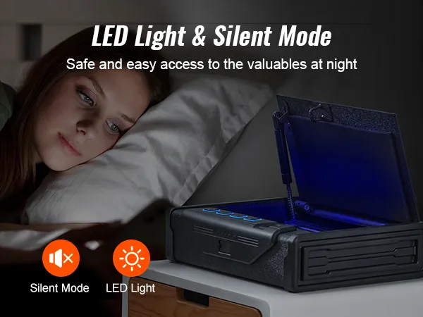 Cassaforte biometrica VEVOR su un comodino con luce LED e opzioni di modalità silenziosa visualizzate.