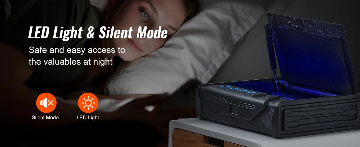 Cassaforte biometrica VEVOR su un comodino con luce LED e opzioni di modalità silenziosa visualizzate.
