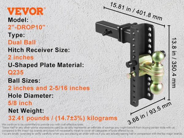 VEVOR adjustable trailer hitch, dual ball, 2-inch receiver, 10-inch adjustment range, matte black finish.