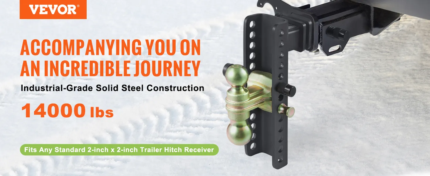 VEVOR adjustable trailer hitch, industrial-grade solid steel, fits 2-inch receiver, 14000 lbs capacity.