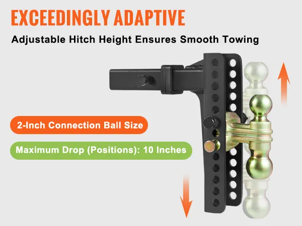 VEVOR adjustable trailer hitch with 2-inch ball, 10 positions, 1-inch increment for smooth towing.