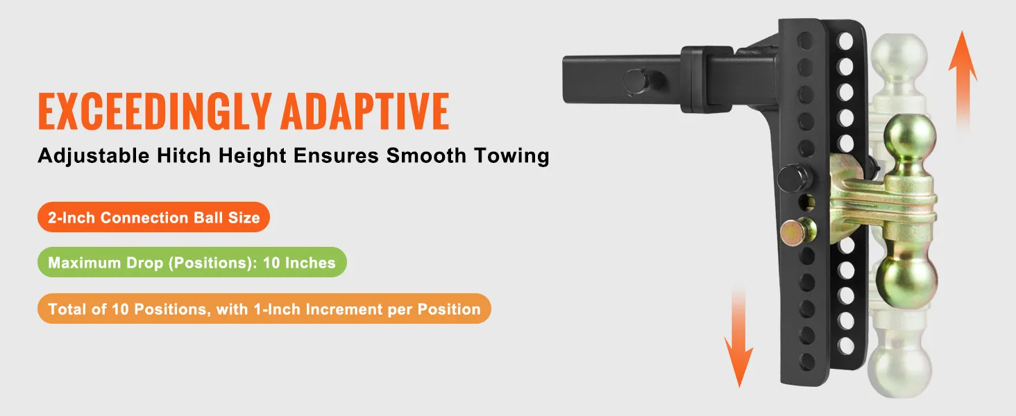 VEVOR adjustable trailer hitch with 2-inch ball, 10 positions, 1-inch increment for smooth towing.