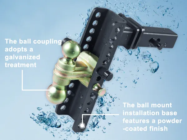 VEVOR adjustable trailer hitch with galvanized ball coupling, powder-coated mount base, splash resistance.