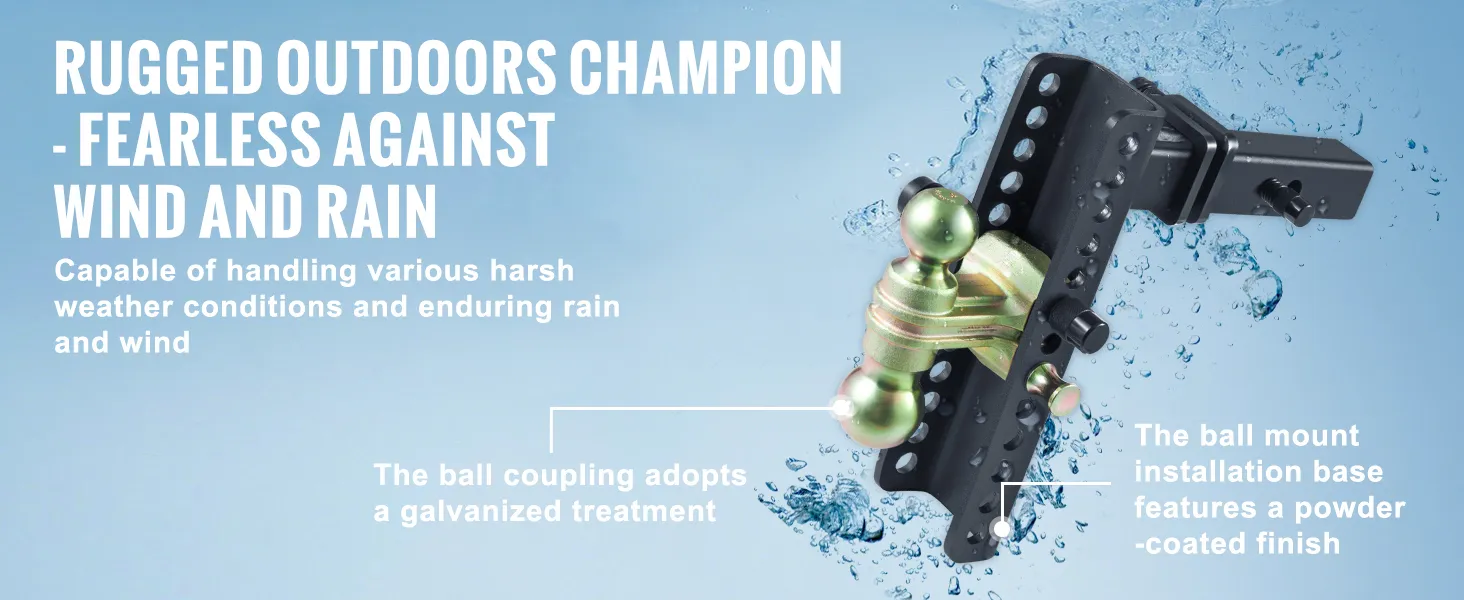 VEVOR adjustable trailer hitch with galvanized ball coupling, powder-coated mount base, splash resistance.