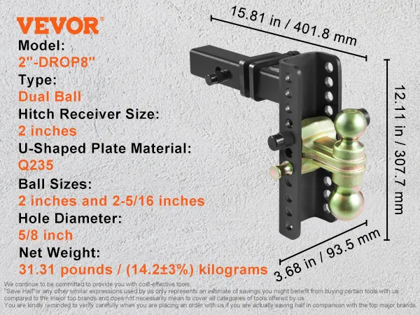 VEVOR adjustable trailer hitch, dual ball, 2" and 2-5/16" balls, 8-inch adjustment, q235 steel.