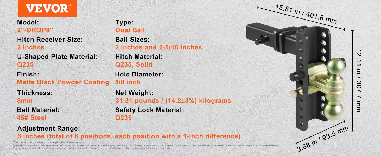 VEVOR adjustable trailer hitch, dual ball, 2" and 2-5/16" balls, 8-inch adjustment, q235 steel.