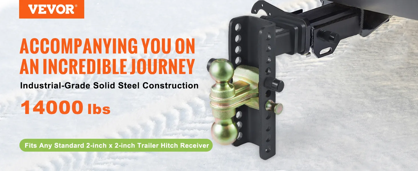 VEVOR adjustable trailer hitch, industrial-grade steel, 14000 lbs capacity, fits 2-inch trailer hitch receiver.