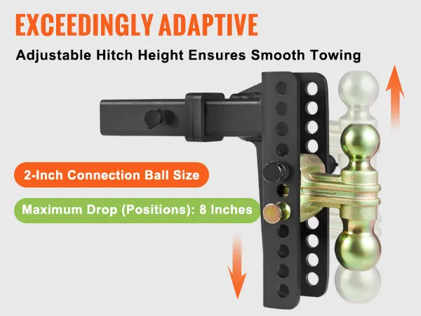 VEVOR adjustable trailer hitch with 2-inch ball, 8 drop positions, and 1-inch increments for smooth towing.