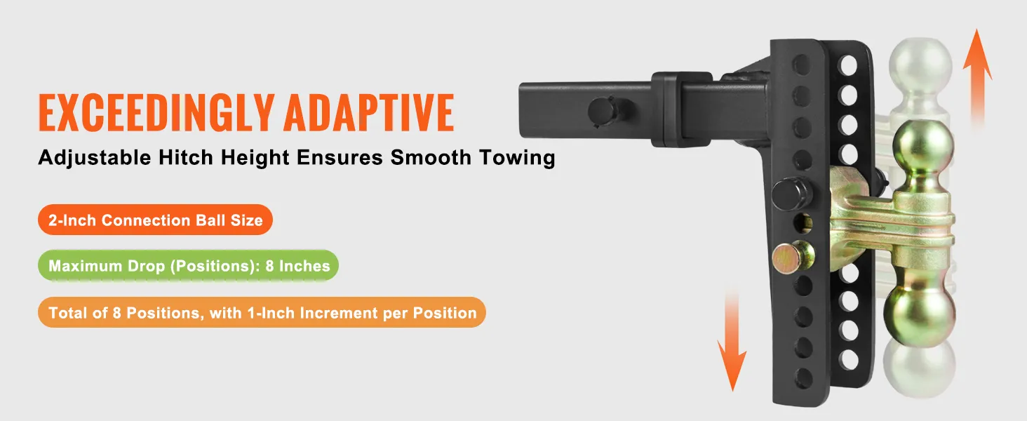 VEVOR adjustable trailer hitch with 2-inch ball, 8 drop positions, and 1-inch increments for smooth towing.