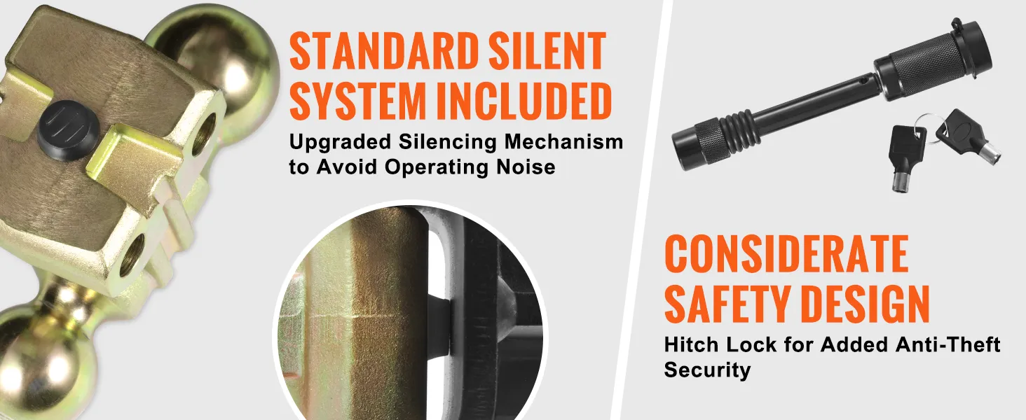 VEVOR adjustable trailer hitch with anti-theft hitch lock and upgraded silent system for noise reduction.