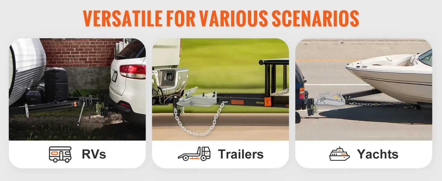 VEVOR adjustable trailer hitch towing rvs, trailers, and yachts with text "versatile for various scenarios".