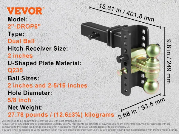VEVOR verstelbare trekhaak, dubbele kogel, matzwarte poedercoating, Q235 staal, 6 inch verstelbereik.