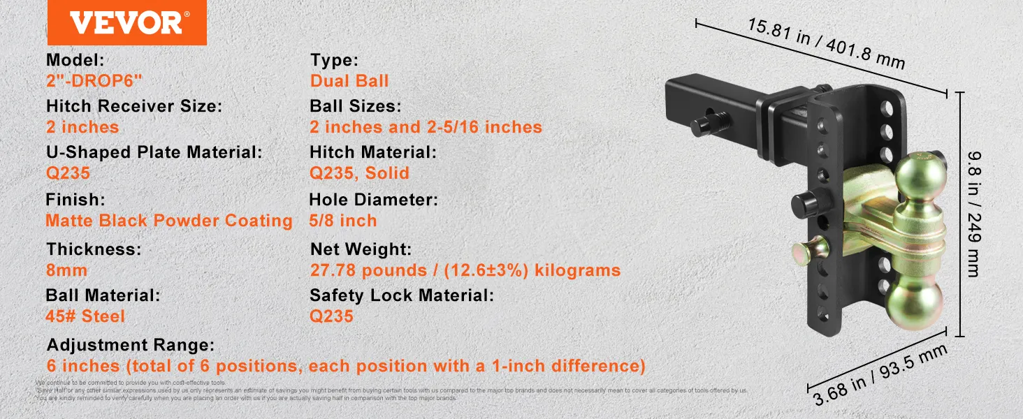 VEVOR verstelbare trekhaak, dubbele kogel, matzwarte poedercoating, Q235 staal, 6 inch verstelbereik.