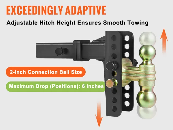 Verstelbare VEVOR-trekhaak met 2-inch verbindingskogel, 6 standen en stappen van 1 inch.