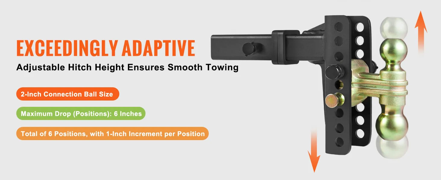 Verstelbare VEVOR-trekhaak met 2-inch verbindingskogel, 6 standen en stappen van 1 inch.